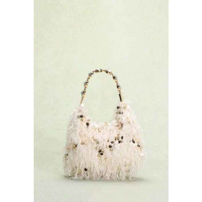 PEACH ACCESSORIES Faux Feathers & Sequin Hobo Bag with Crystal Handle