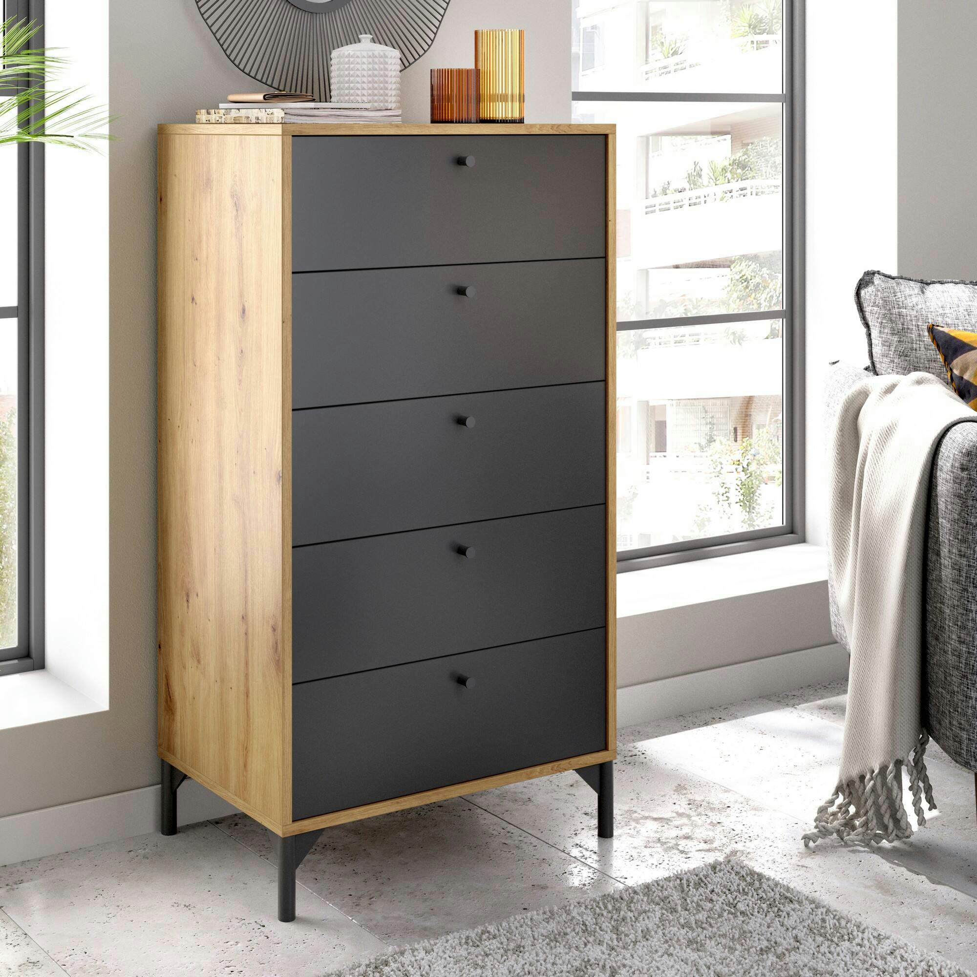 PERALBA - Commode effet bois chêne et anthracite