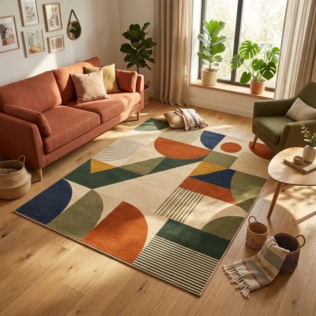 Modern Abstract Geometric Area Rug, Mid Century Boho Rug, Colorful Living Room Rug, Contemporary Handmade Carpet, Retro Home Decor