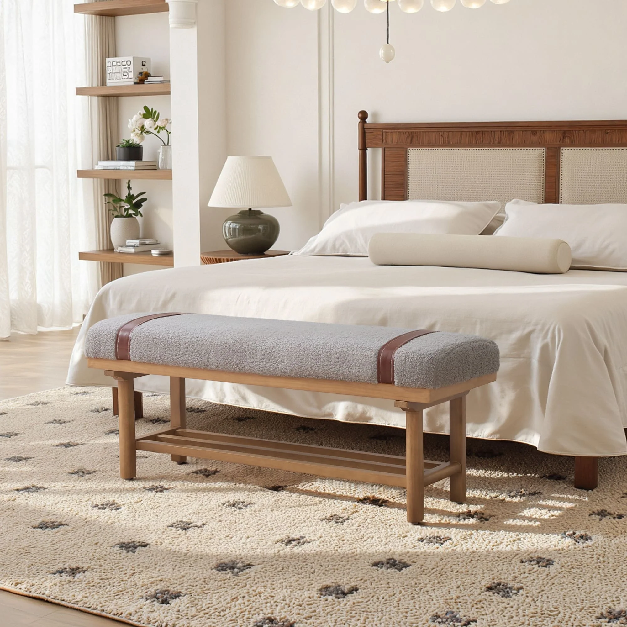 2-Tier Solid Wood Upholstered Entryway Shoe Bench with Storage Shelf - 44.49W x 16.54D x 18.11H