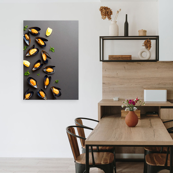 Obraz do kuchni jadalni, Owoce morza małże i zioła 20x30