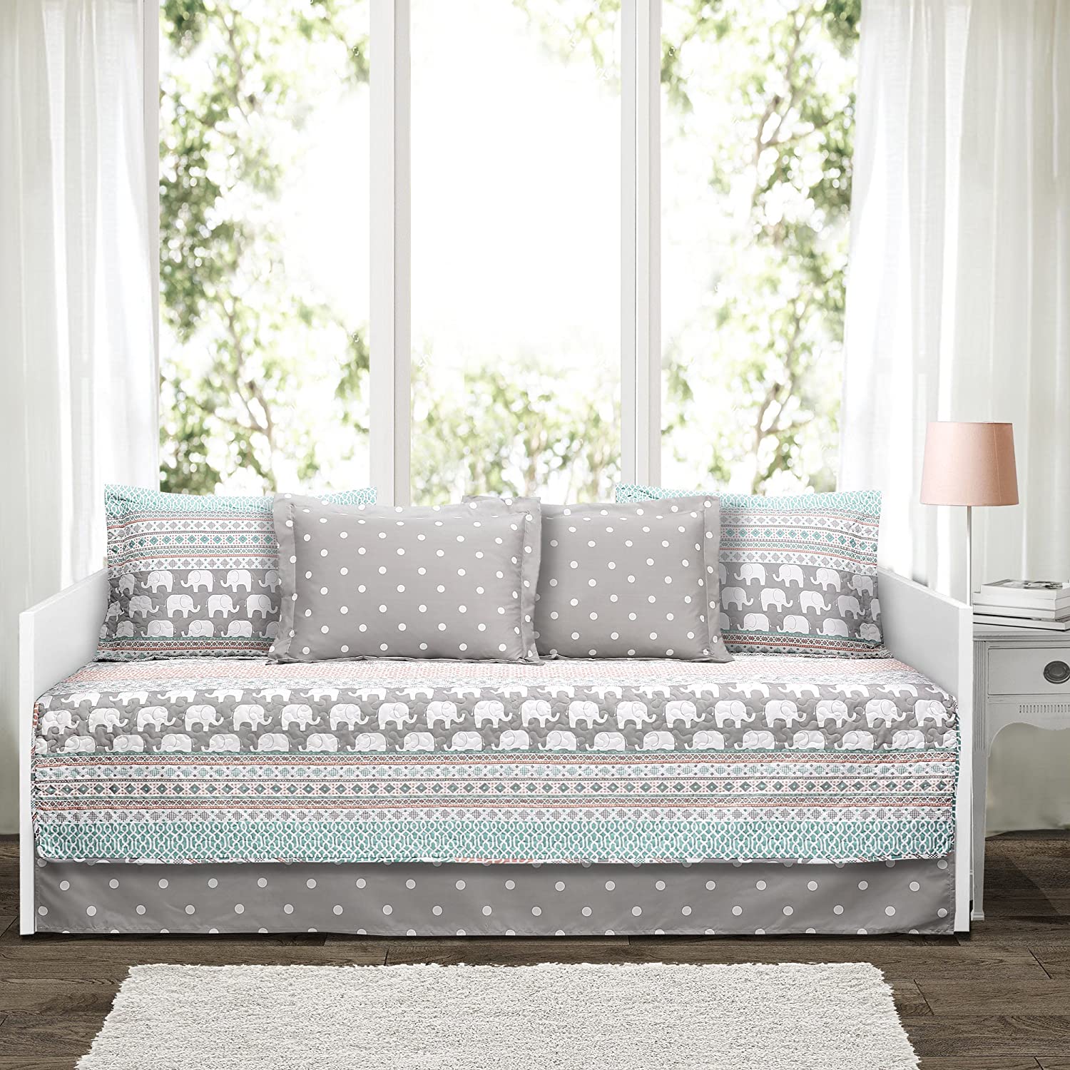 Elephant Stripe 6 Piece Day Bed Cover Bedding Set Includes Bed Skirt Pillow Shams and Cases 75