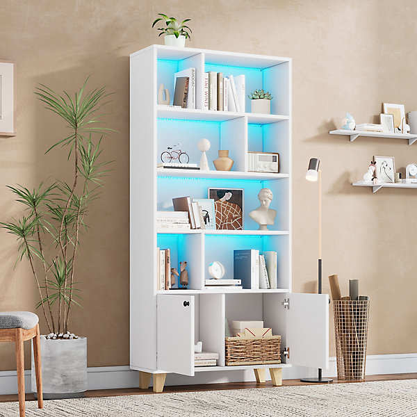 Bibliothèque - 4 étagères - 2 Portes - Bois de Pin et MDF - Télécommande LED - 80 x 30 x 173 cm - Blanc