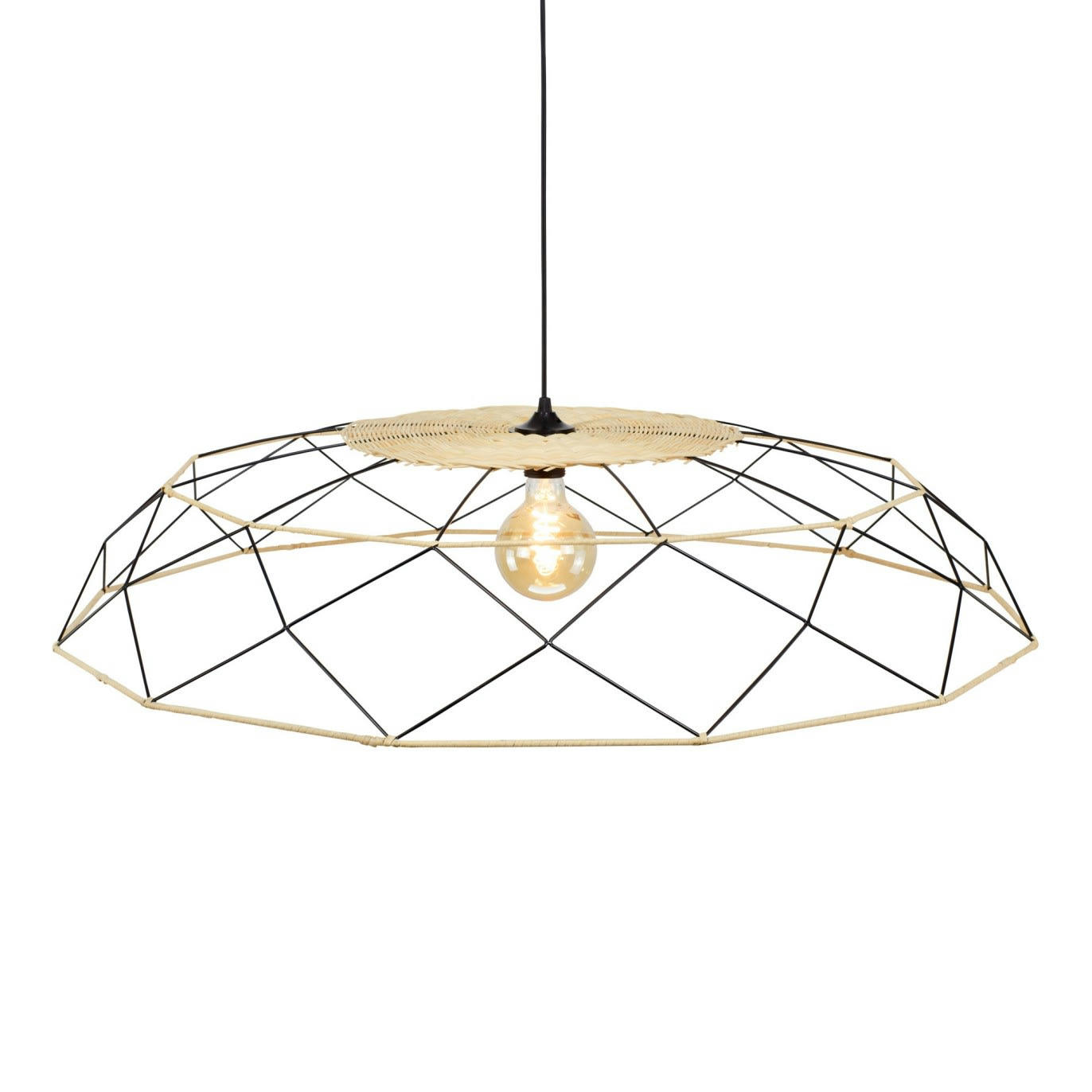 ALTINE - Suspension grand modèle en métal noir et rotin naturel