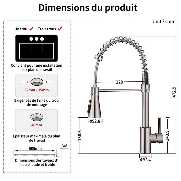 Mitigeur cuisine Brossé avec douchette Robinet de Cuisine à Ressort Robinetterie de cuisine Rotation