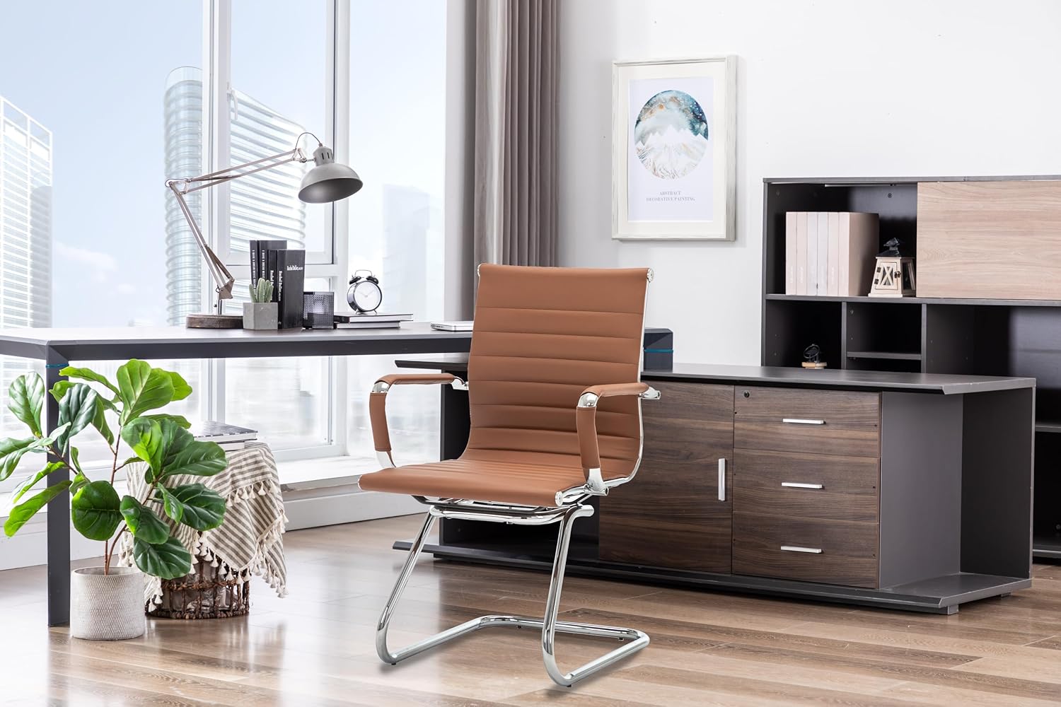 HNY Leather Office Guest & Reception Chairs Set of 2, Modern Waiting Room Chairs with Arms, Desk Chair no Wheels with Sled Base for Conference Room, Coffee