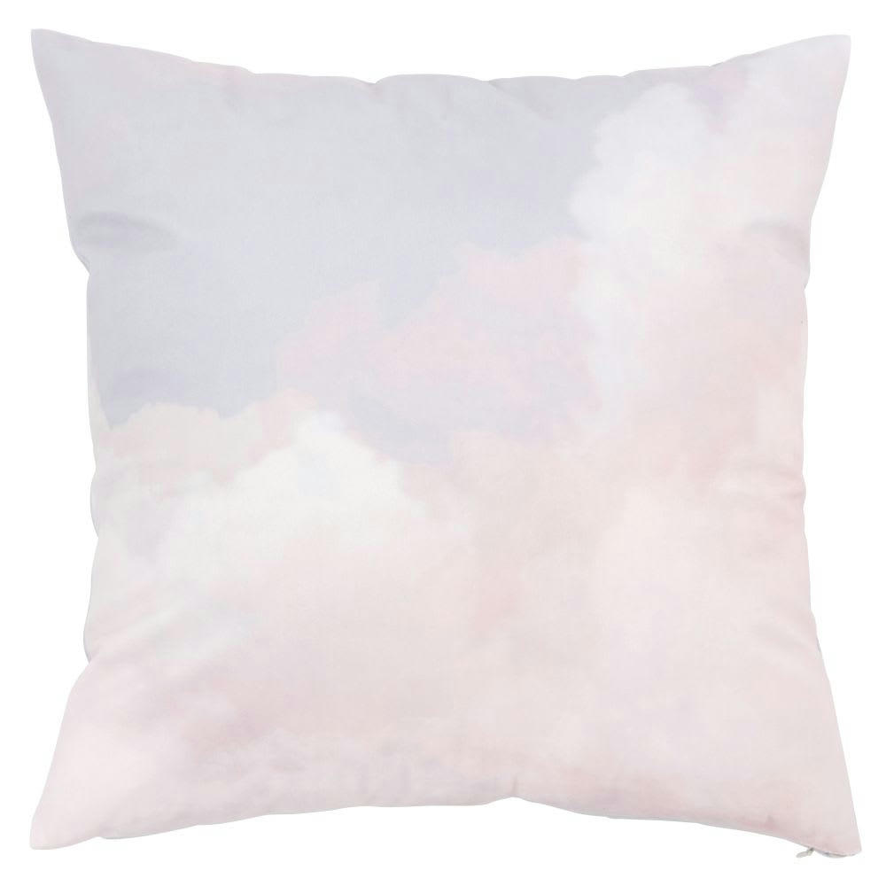 KALVOU - Housse de coussin en suédine de polyester recyclé imprimé ciel bleu, blanc et rose 40x40