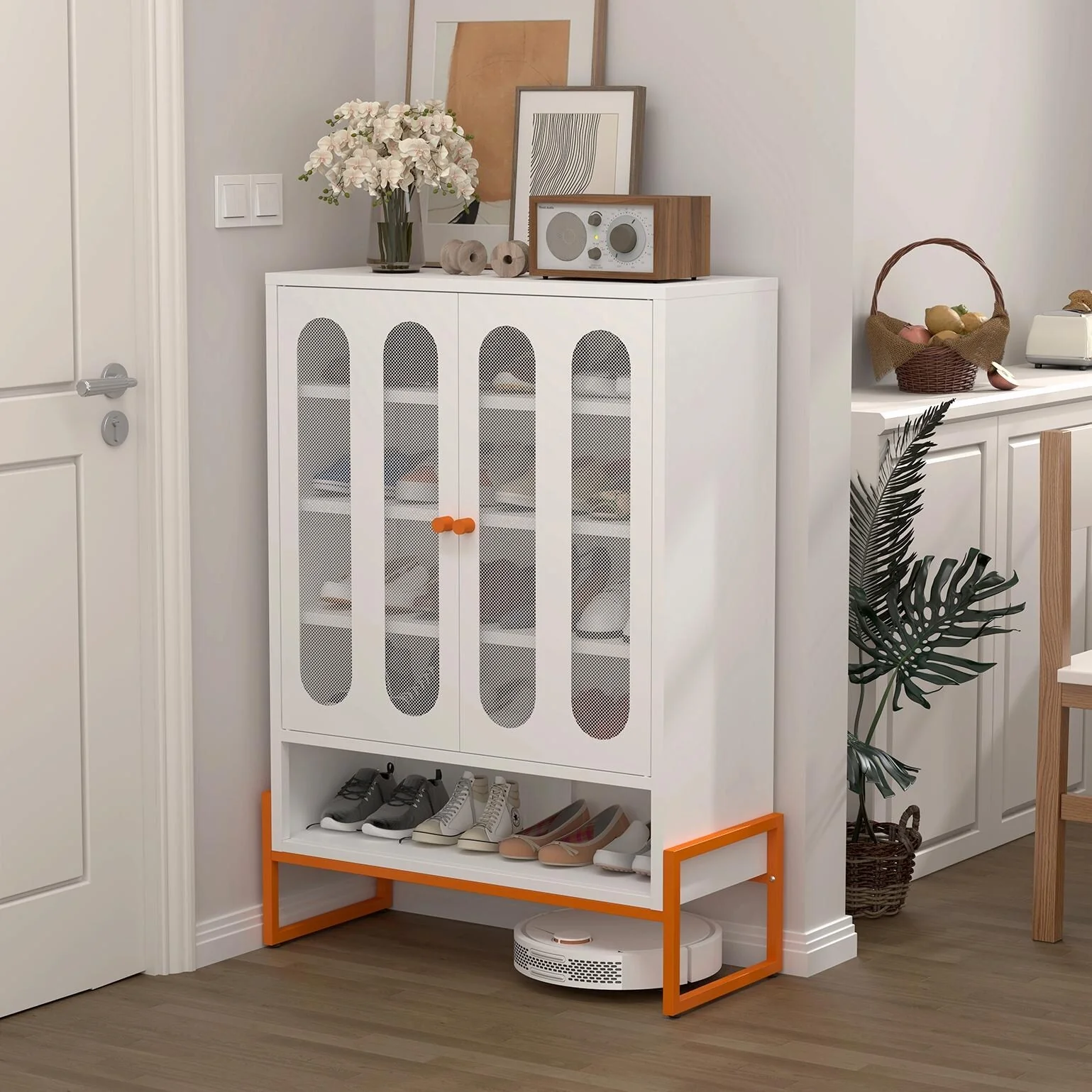 High Shoe Cabinet with Adjustable Partitions & Mesh Doors