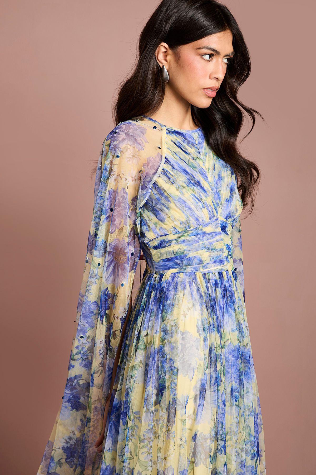 Coast Pleated Mesh Printed Cape Maxi Dress With Gemstone