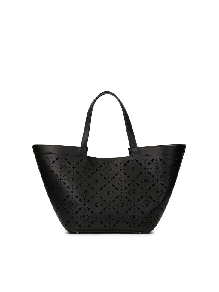 Leather boat bag with openwork pattern