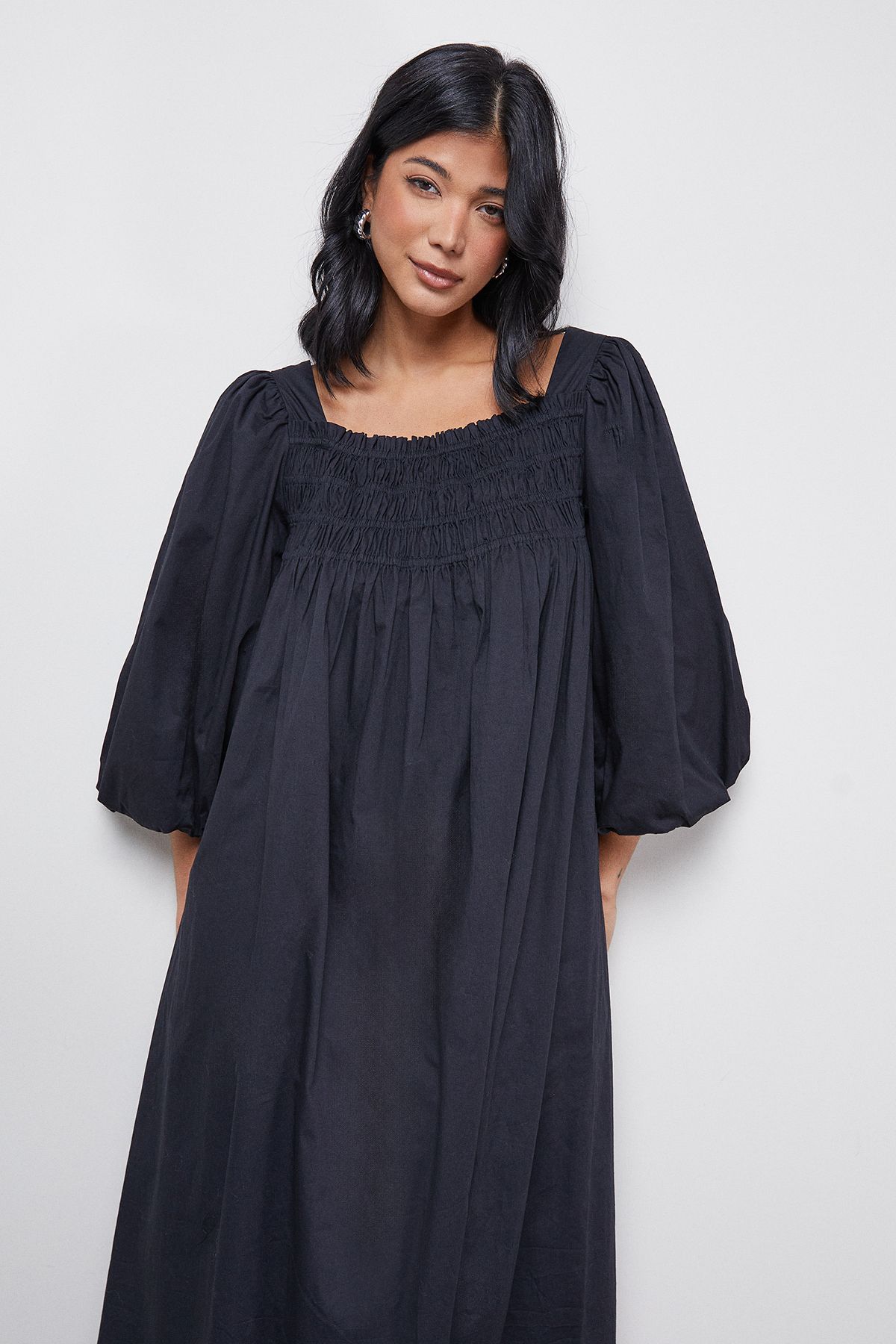 Warehouse Cotton Shirred Square Neck Midi Dress