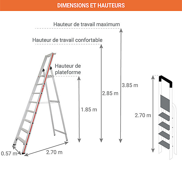 Escabeau 8 marches - Hauteur atteignable 3.85m - 8026/8