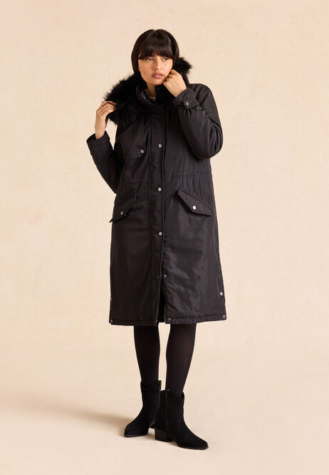 Womens Black Fluffy Trim Hood Parka Coat