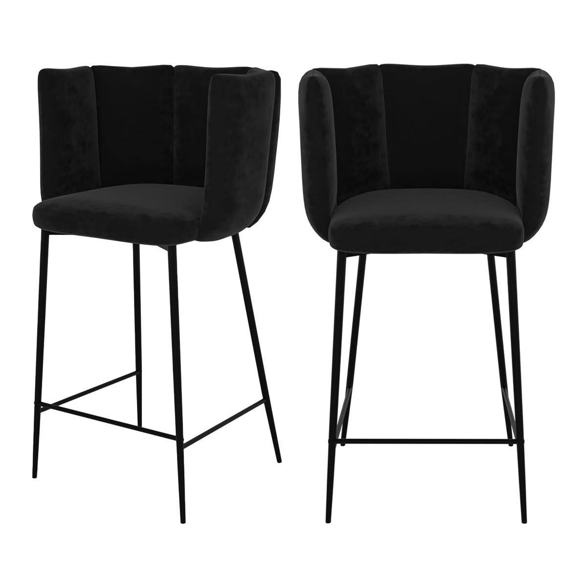 ROSY - Chaise de bar en velours noir et pieds en métal 67 cm (lot de 2)