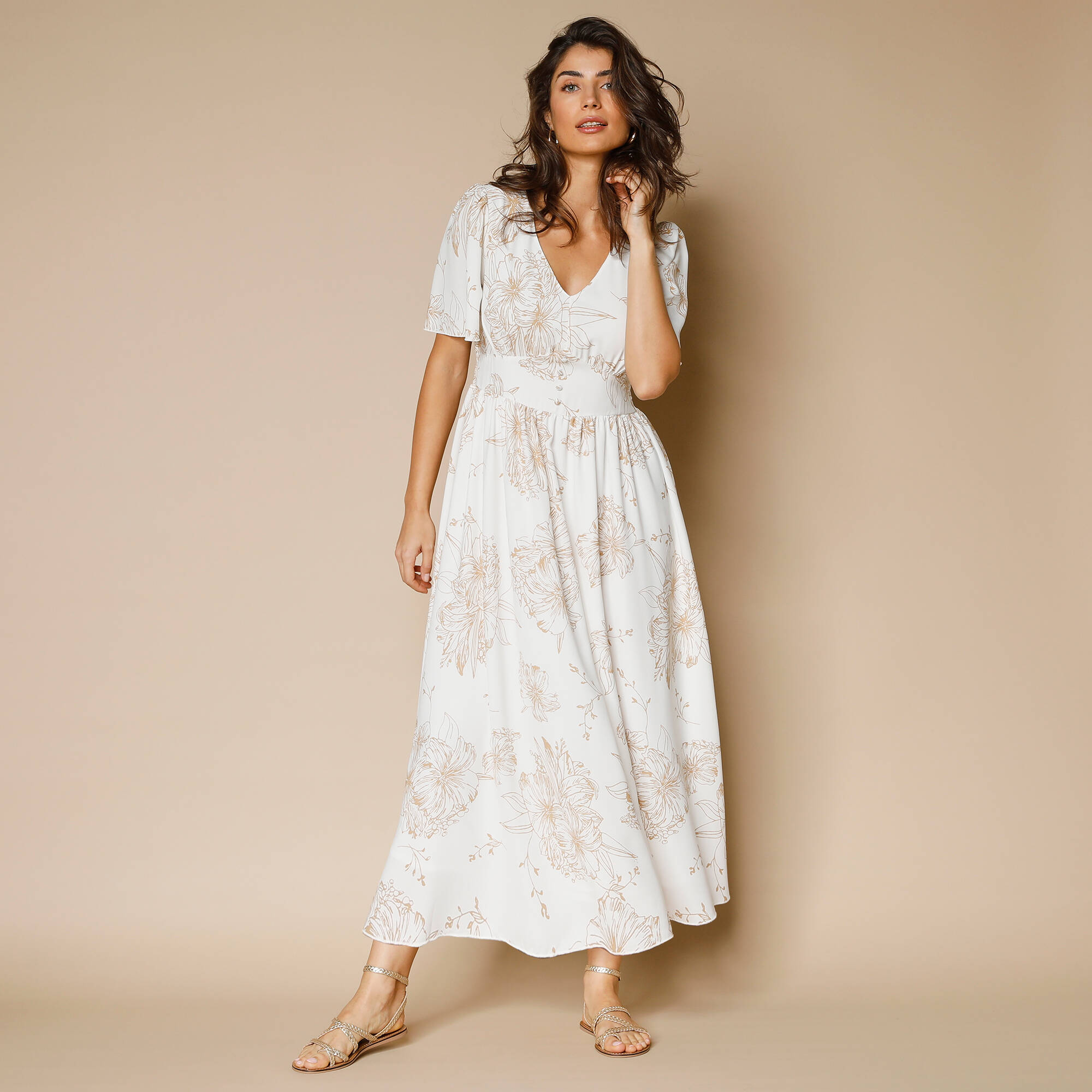 Robe longue imprimée, manches évasées