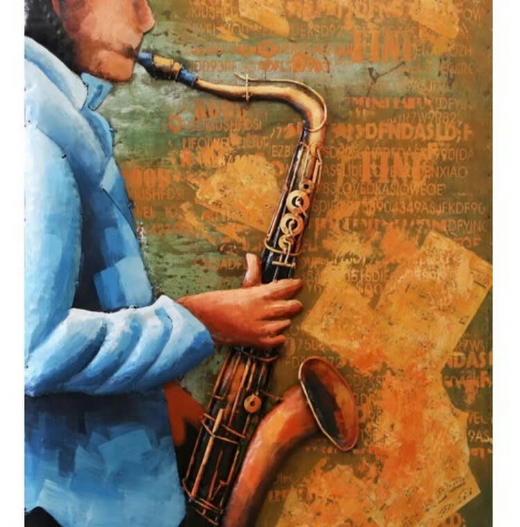 MÉTAL BRASS - Tableau relief en métal saxophoniste 110x70