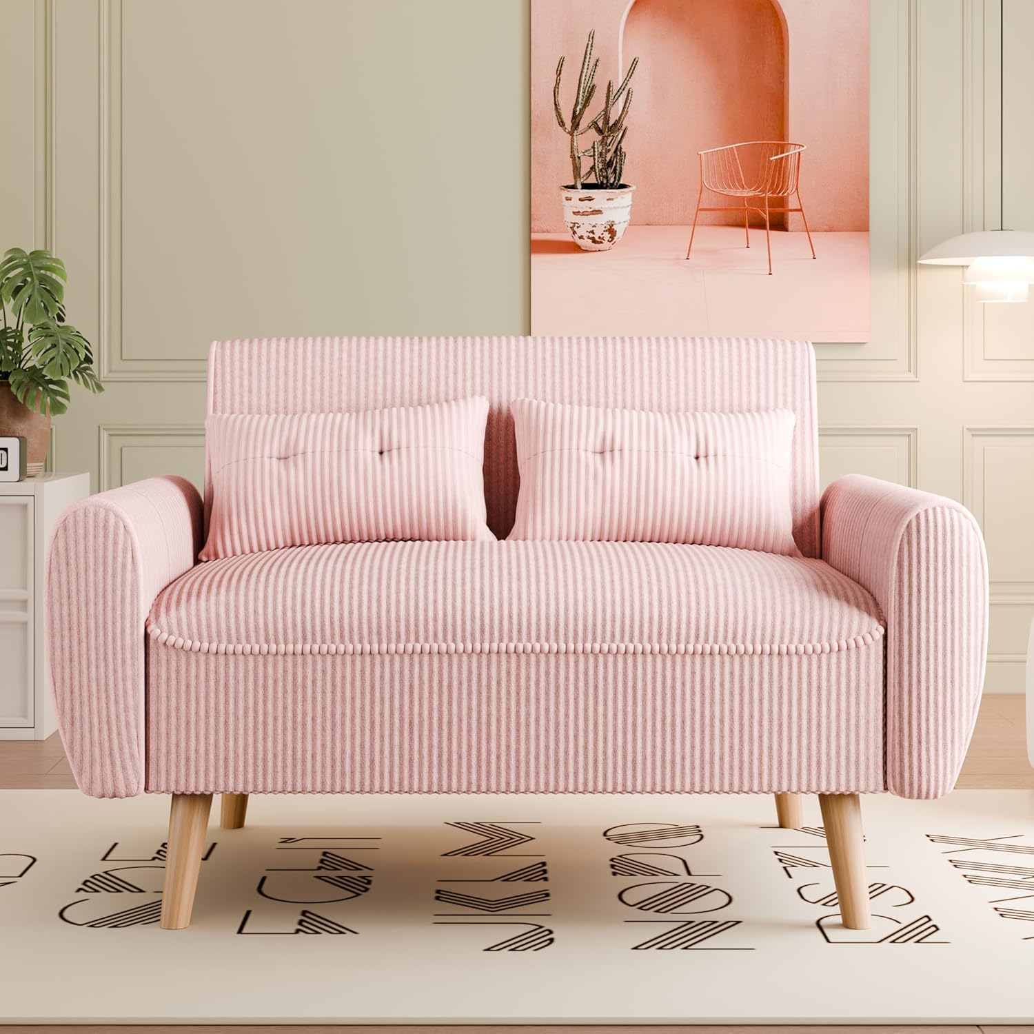 Vongrasig 47 Small Modern Loveseat Sofa, Mid Century Soft Corduroy Fabric 2-Seat Sofa Couch Tufted Love Seat with Back Cushions and Tapered Legs for Living Room, Bedroom and Small Space (Pink)