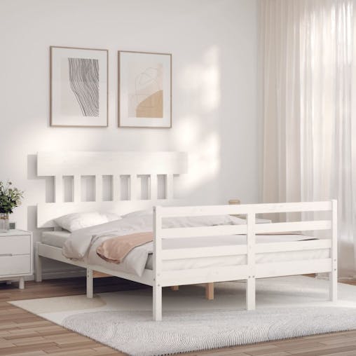 NNEVL Bed Frame with Headboard White 137x187 cm Double Solid Wood
