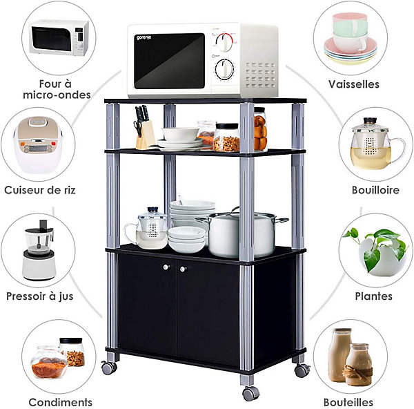 Etagere de Cuisine Etagere de Micro Ondes et Four en MDF Robuste Meuble Rangement a roulettes avec Tiroir Noir