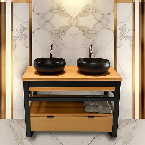 Meuble 120 cm en chêne naturel et métal noir, plan bois et tiroir - IRON