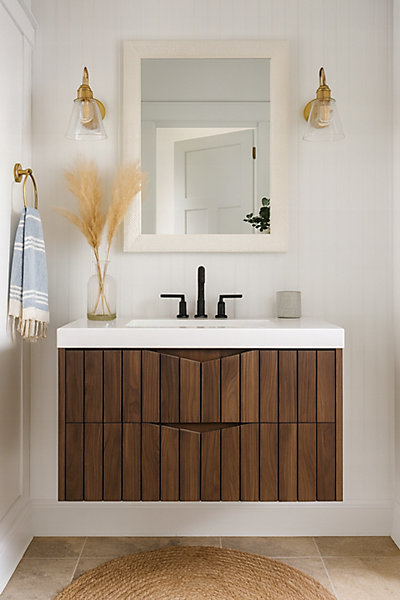 Meuble de salle de bain sous vasque suspendu STELLA coloris noyer 80 cm façades rainurées