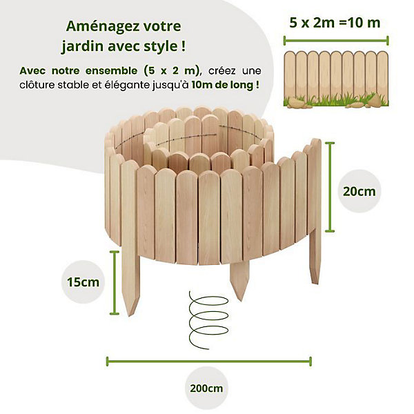 Clôture en bois flexible - Floranica - 10 m - Non Traitée - Beige - 5 pièces