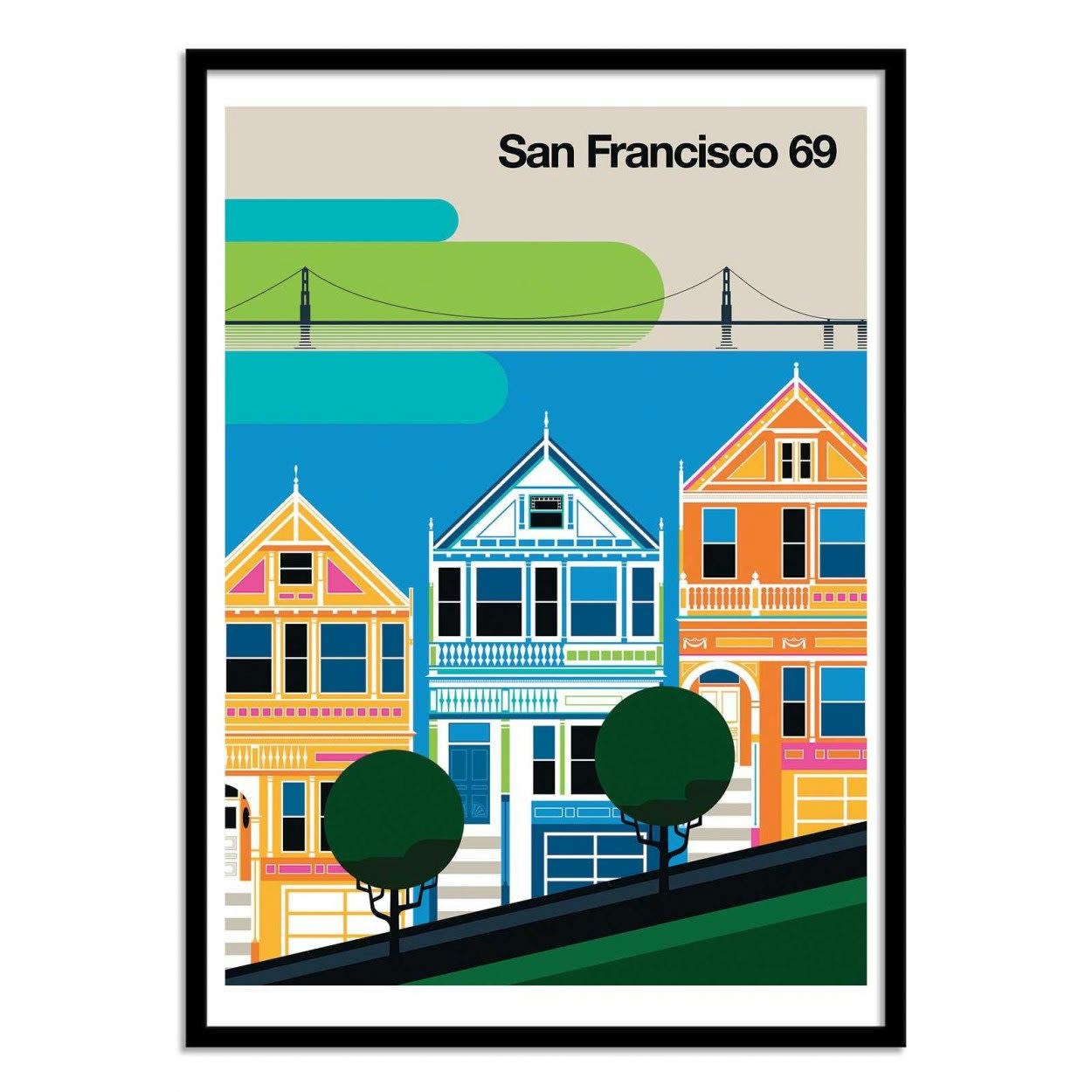 BO LUNDBERG - SAN FRANCISCO 69 - Affiche d'art avec Cadre bois noir - 50 x 70 cm