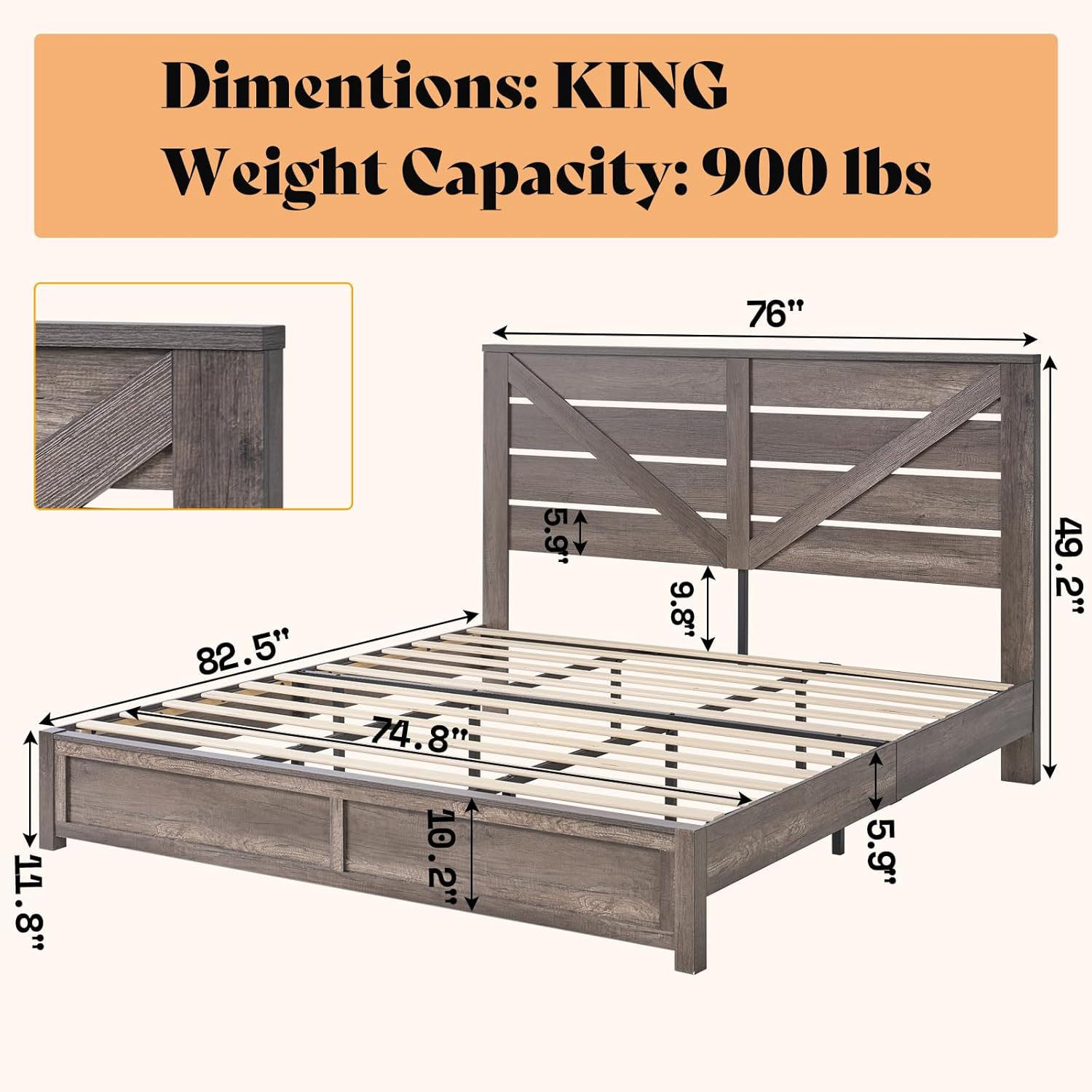 AMERLIFE King Size Farmhouse Bed Frame with 49.2 Barn Door Headboard, Platform Bed Frame with Wood Slats, Under Bed Storage Space, Easy Assembly, Noisy Free, Rustic Gray