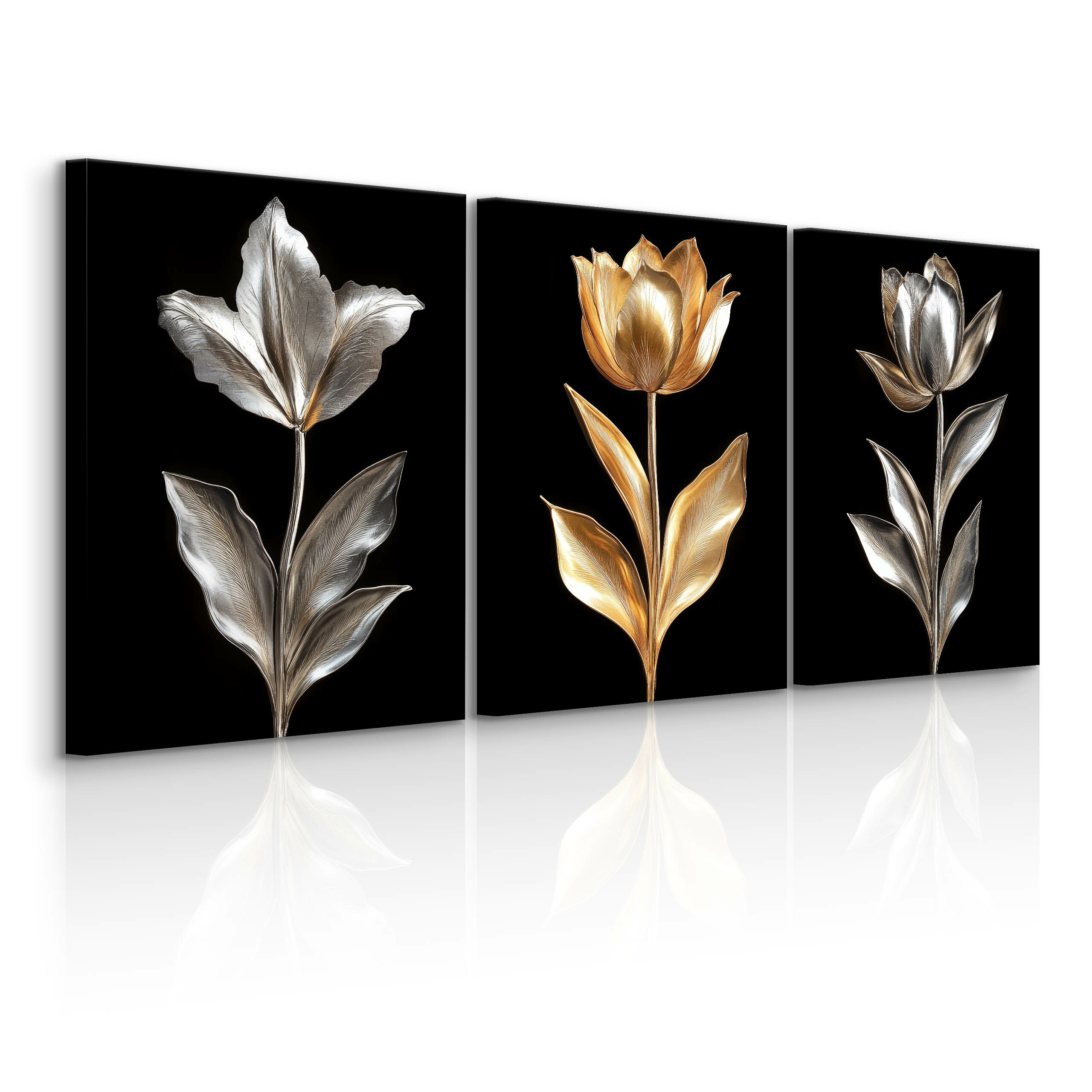 3x Obraz Set Złote Srebrne Kwiaty W Stylu Glamour 90x40cm