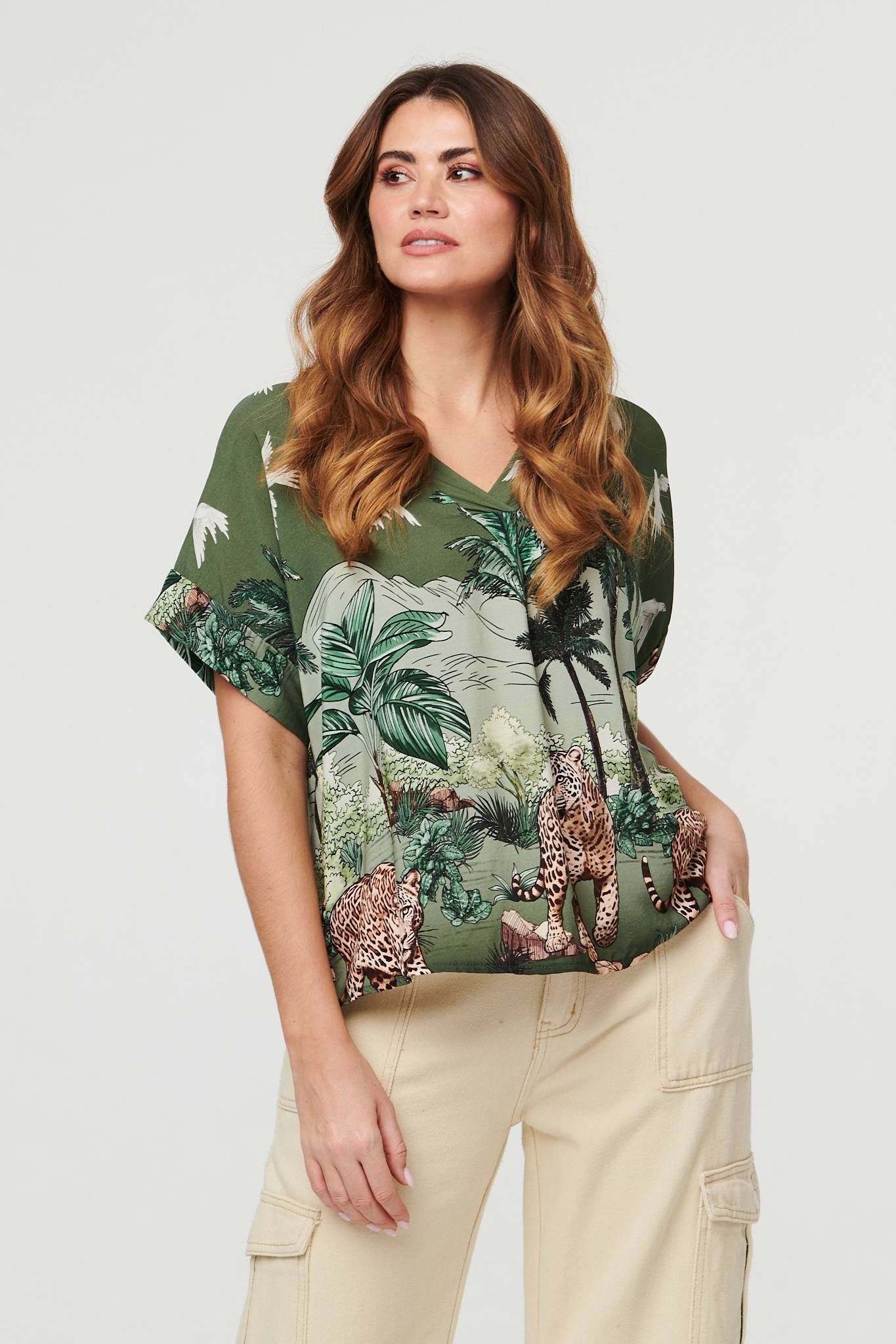 Izabel London Tropical Print Short Sleeve Relaxed Top