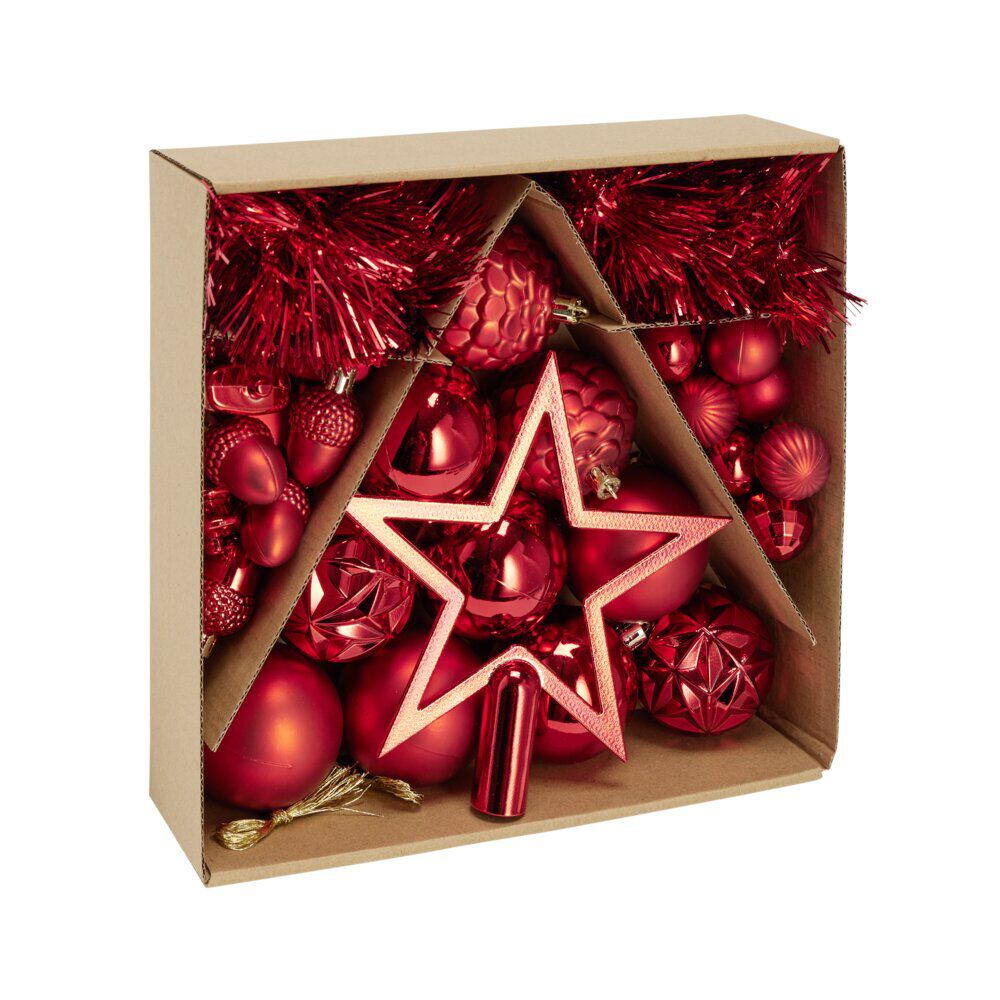 Kit décoration sapin de No&euml;l plastique rouge 40 pièces