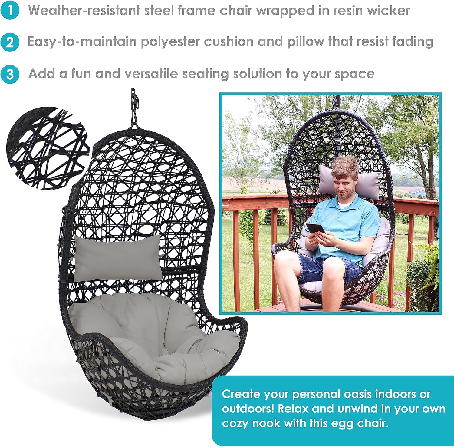Sunnydaze Cordelia Egg Chair with Cushions -Resin Wicker Hanging Chair with 265-Pound Weight Capacity - Hanging Swing Includes Gray Polyester Cushion and Headrest