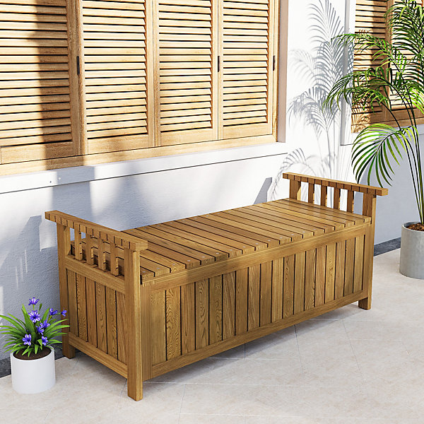 Banc de jardin avec coffre de rangement 186L - accoudoirs - dim. 128 x 56 x 53 cm - habillage PVC bois de sapin pré-huilé