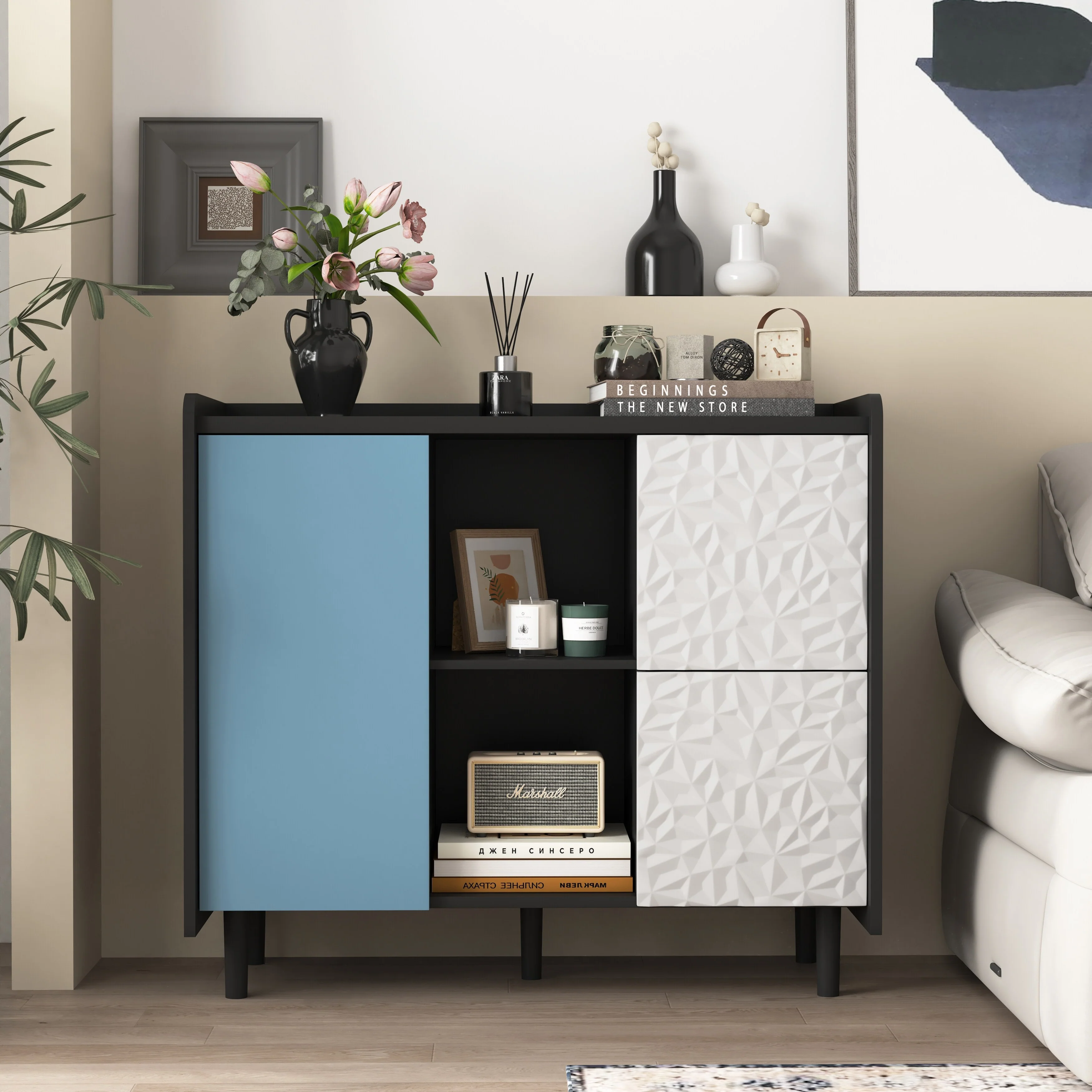 Modern Sideboard Buffet Cabinet with 2 Drawers and 2 Open Storage Compartment