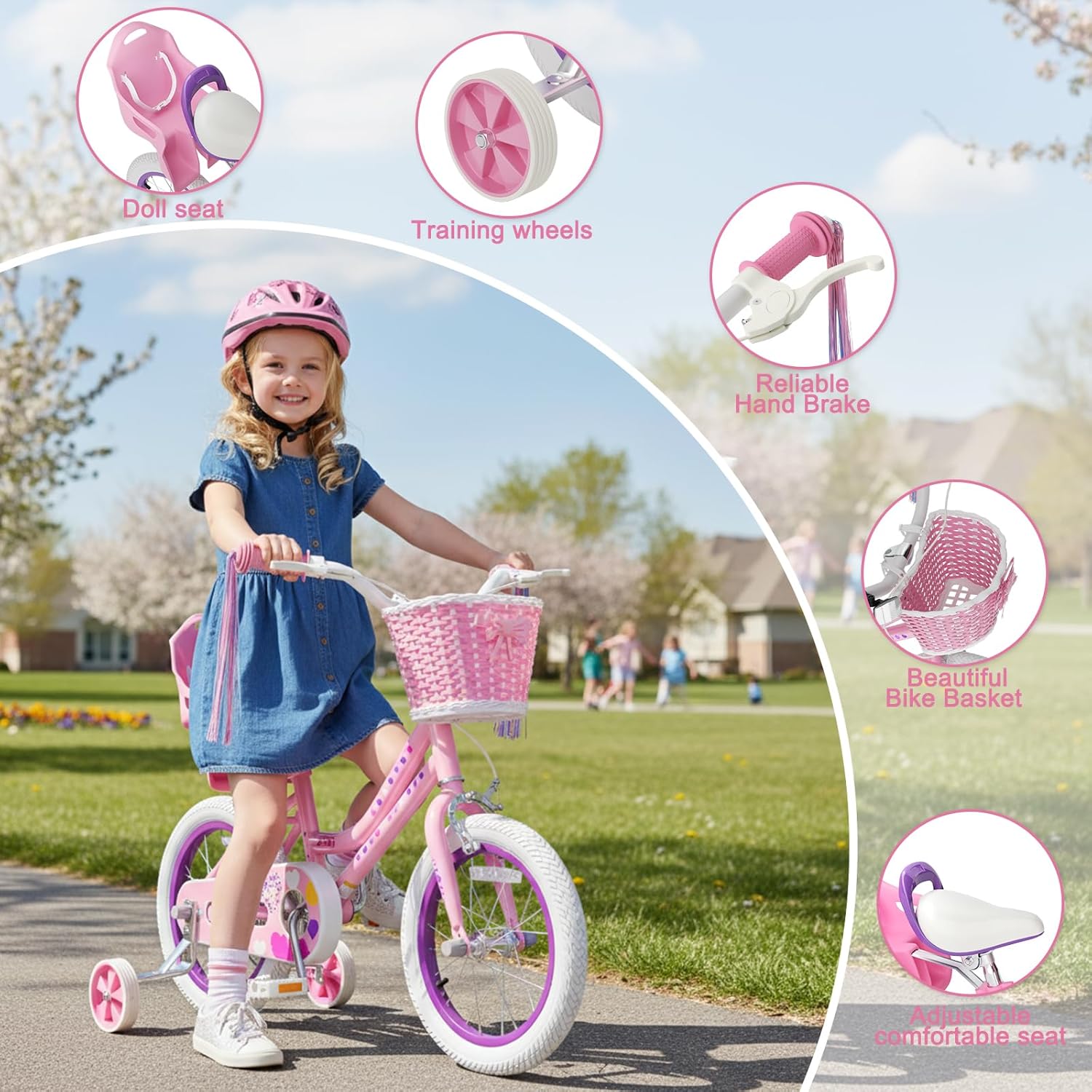 XJD Girls Bike for Toddlers 3-9 Years Old Kids, 12 14 16 Inch Kids Bike with Training Wheels, Streamers, Basket and Doll Seat