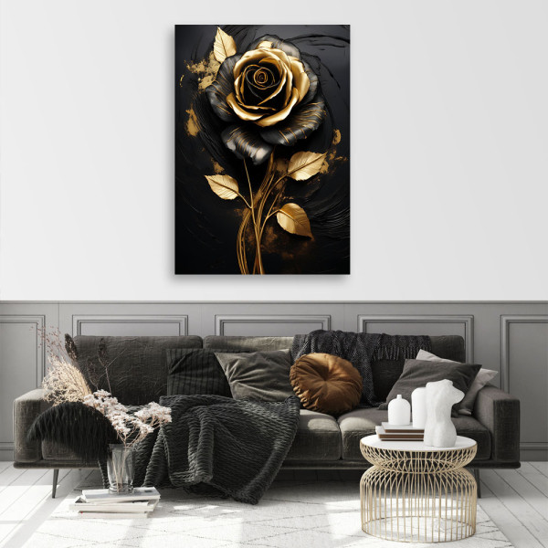 Feeby Obraz na płótnie, Róża Kwiat Złoto Czarny Glamour 40x60