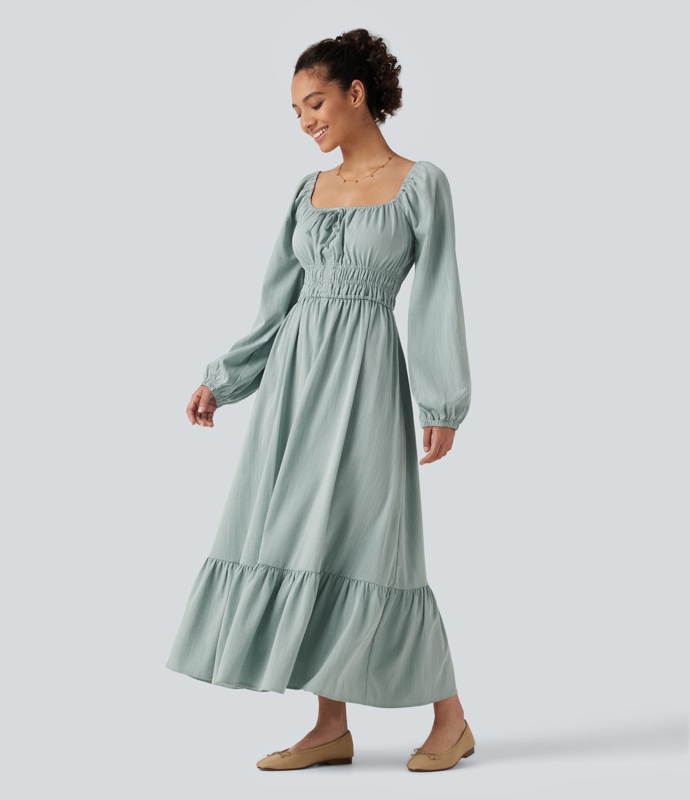 Robe midi fluide effet lin à encolure carrée avec manches longues et lien devant