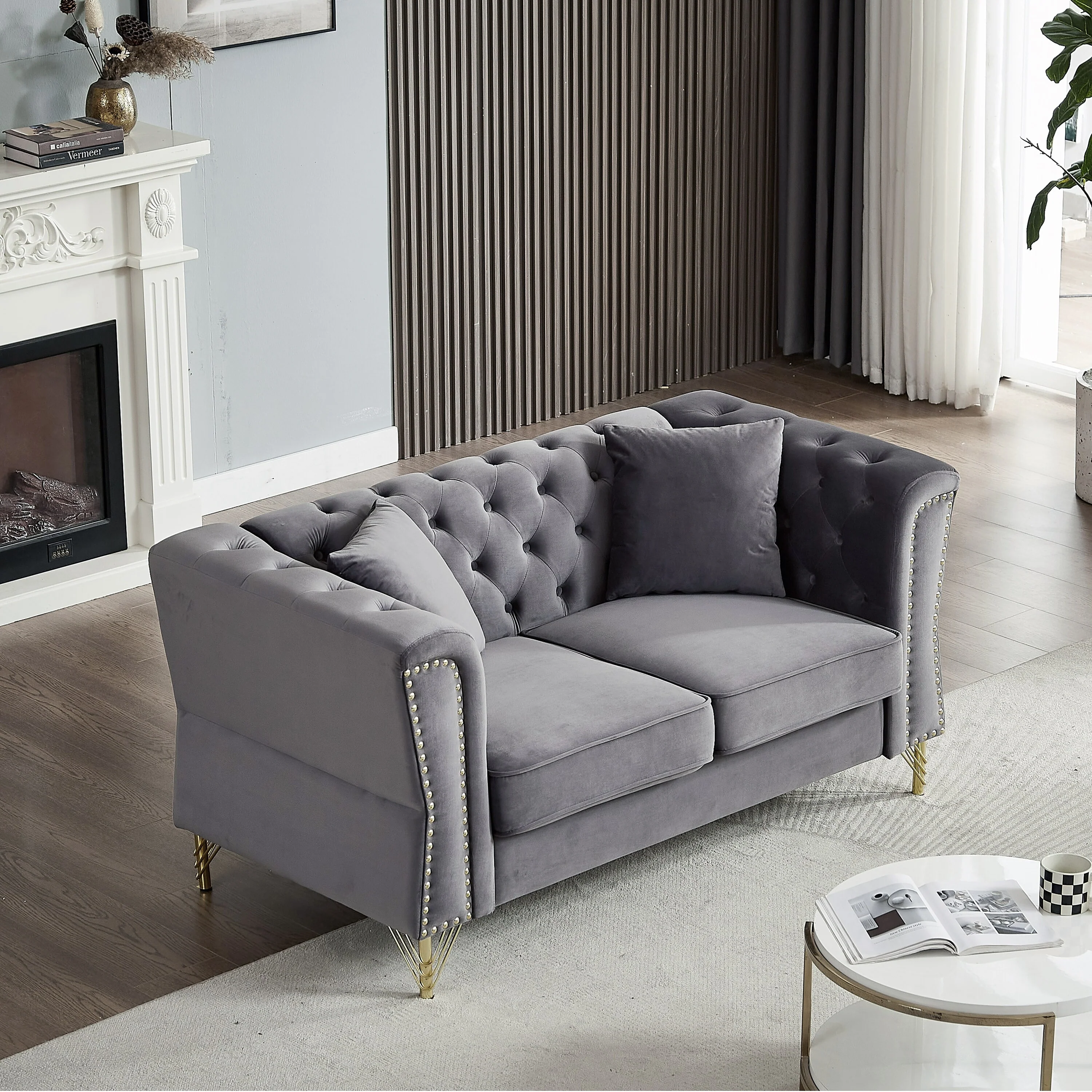Grey 60.2 Velvet 2-Seater Sofa with Nailhead Trim