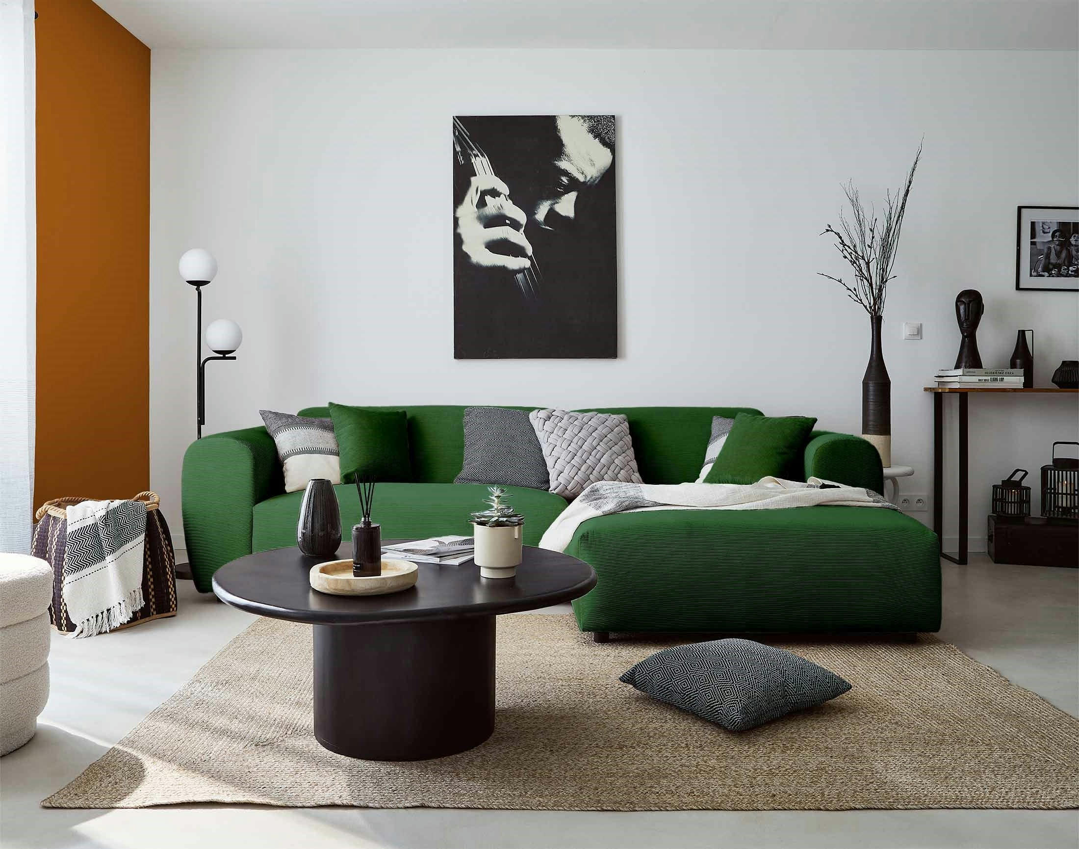 AUMANCE - Canapé d'angle droit 4 places en velours côtelé vert