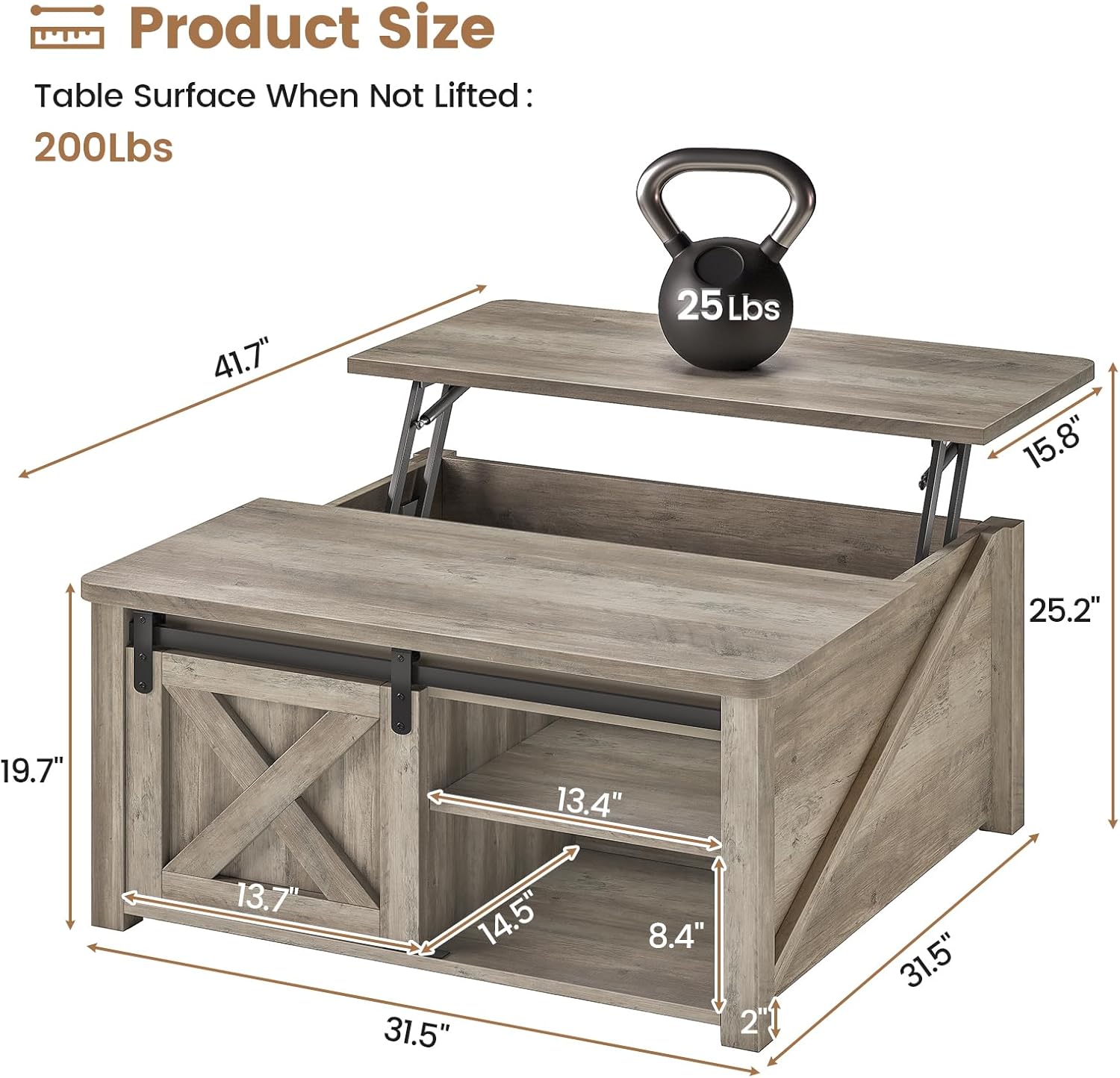SEDETA 31.5 Lift Top Coffee Table with Storage, Square Coffee Tables for Living Room, Farmhouse Coffee Table with Large Hidden Storage Compartment and Adjustable Shelves, Grey