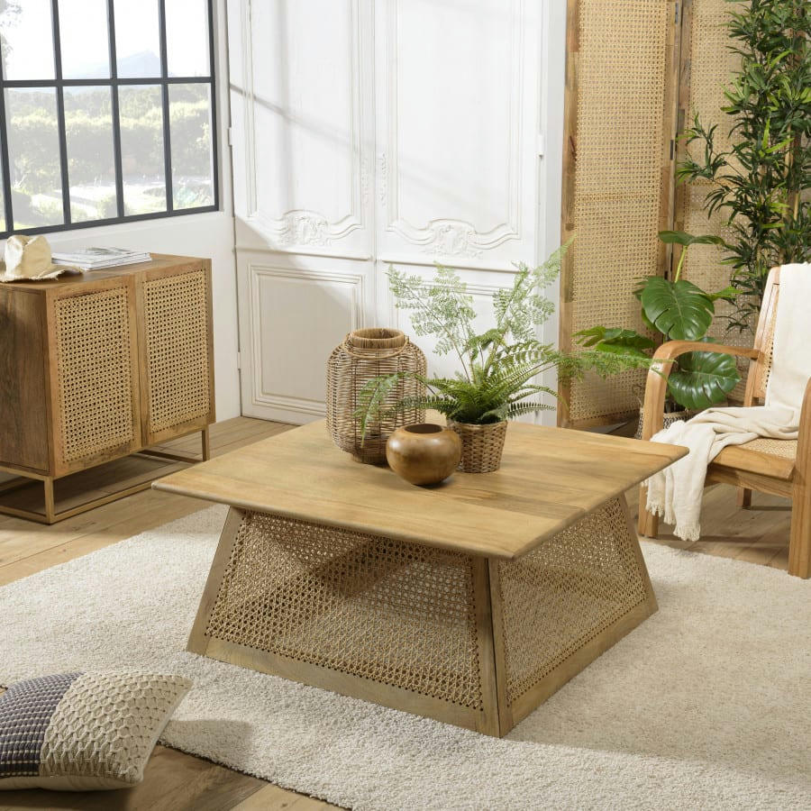 ISA - Table basse marron carrée bois de manguier et cannage naturel