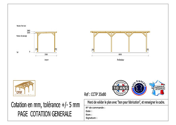 Carport toit plat 350cmx800cm bois DOUGLAS français (charpente - auvent - abri camping-car). 28 m². Garantie 10 ans.