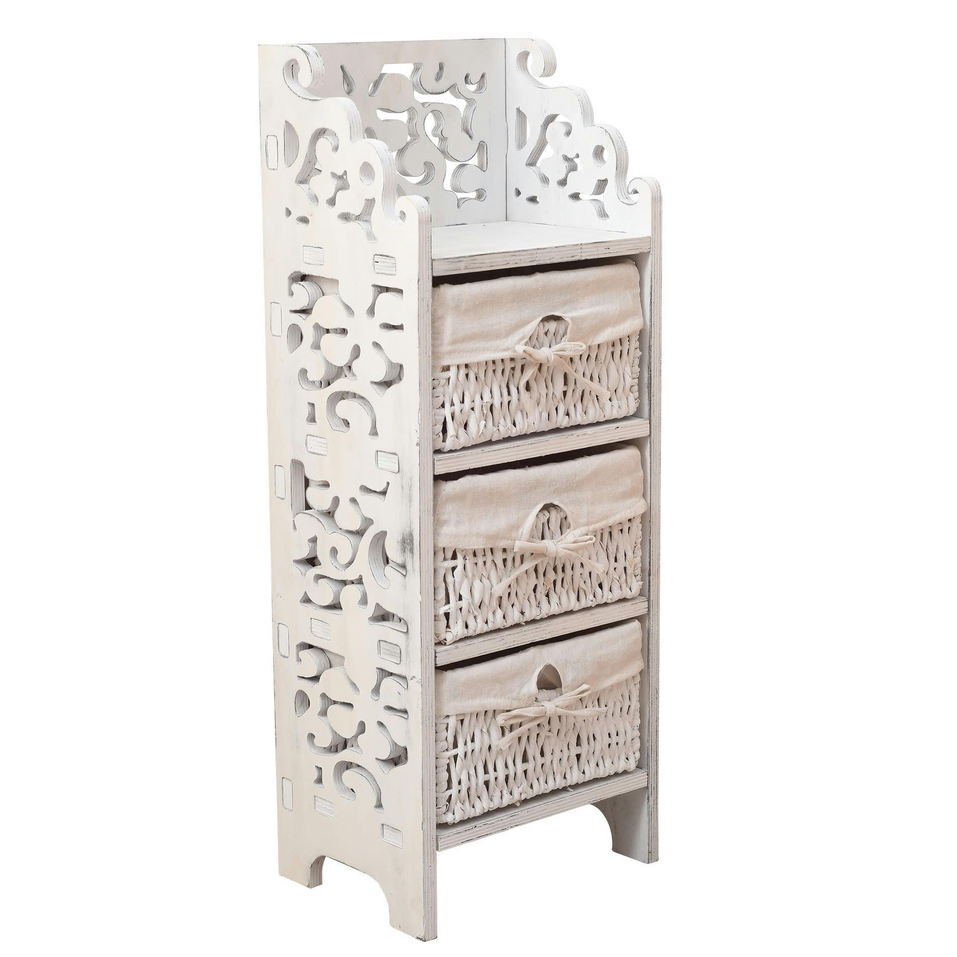 - Table de chevet sculpté avec 3 tiroirs bois et osier blanc
