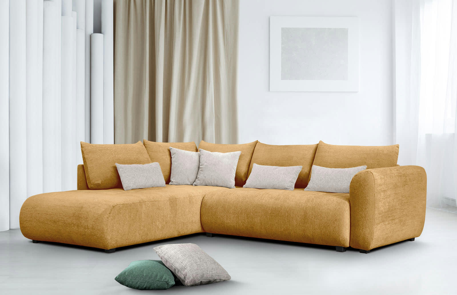 SORENO - Canapé d'angle gauche 5 places jaune avec le couchage