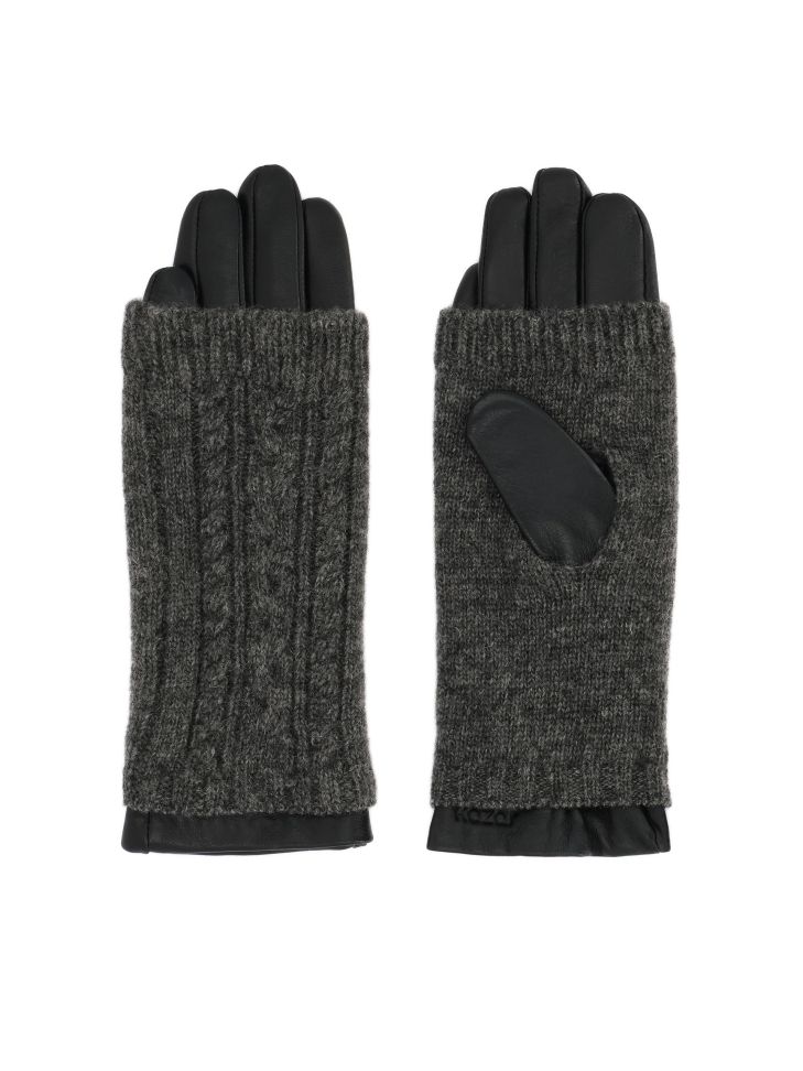 Leather gloves with sweater overlays with a checkered weave