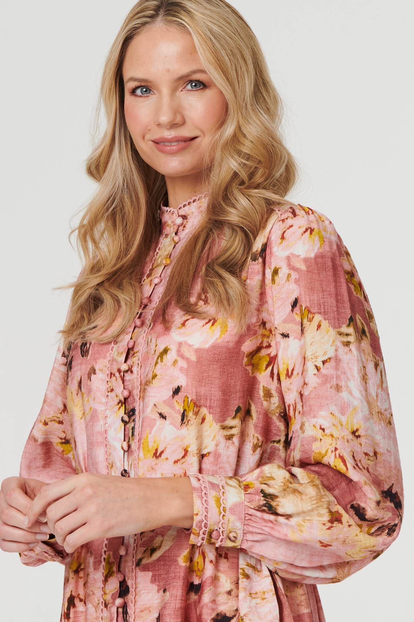 Izabel London Floral Long Sleeve Short Shirt Dress