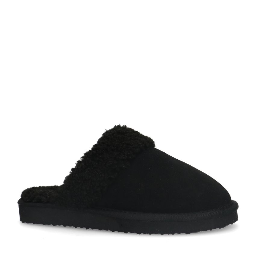Manfield Zwarte suède pantoffels met imiatatiewol