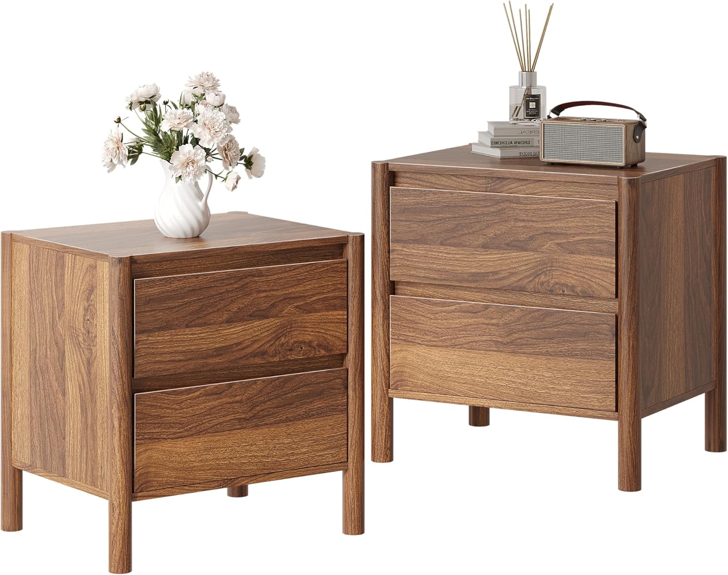 CHUWELL Mid Century Nightstand Set of 2 - Bedside Table with 2 Drawers and 4 Sturdy Solid Wood, End Table for for Bedroom (Walnut)
