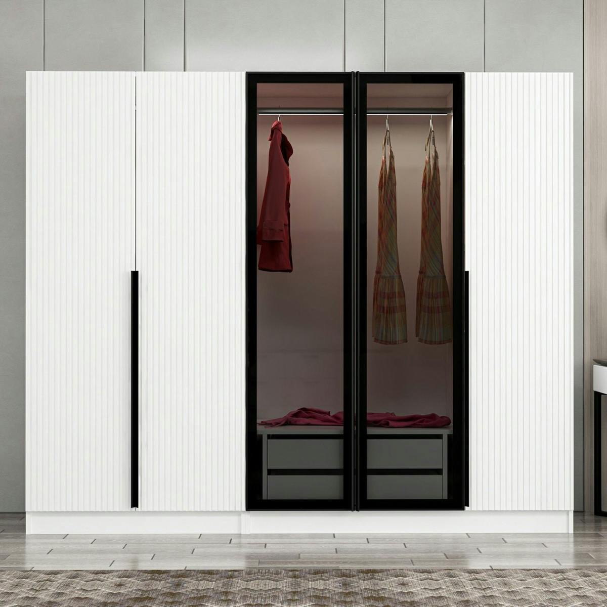 Armoire penderie blanche rainurée, 2 portes verre 225 cm BYRON