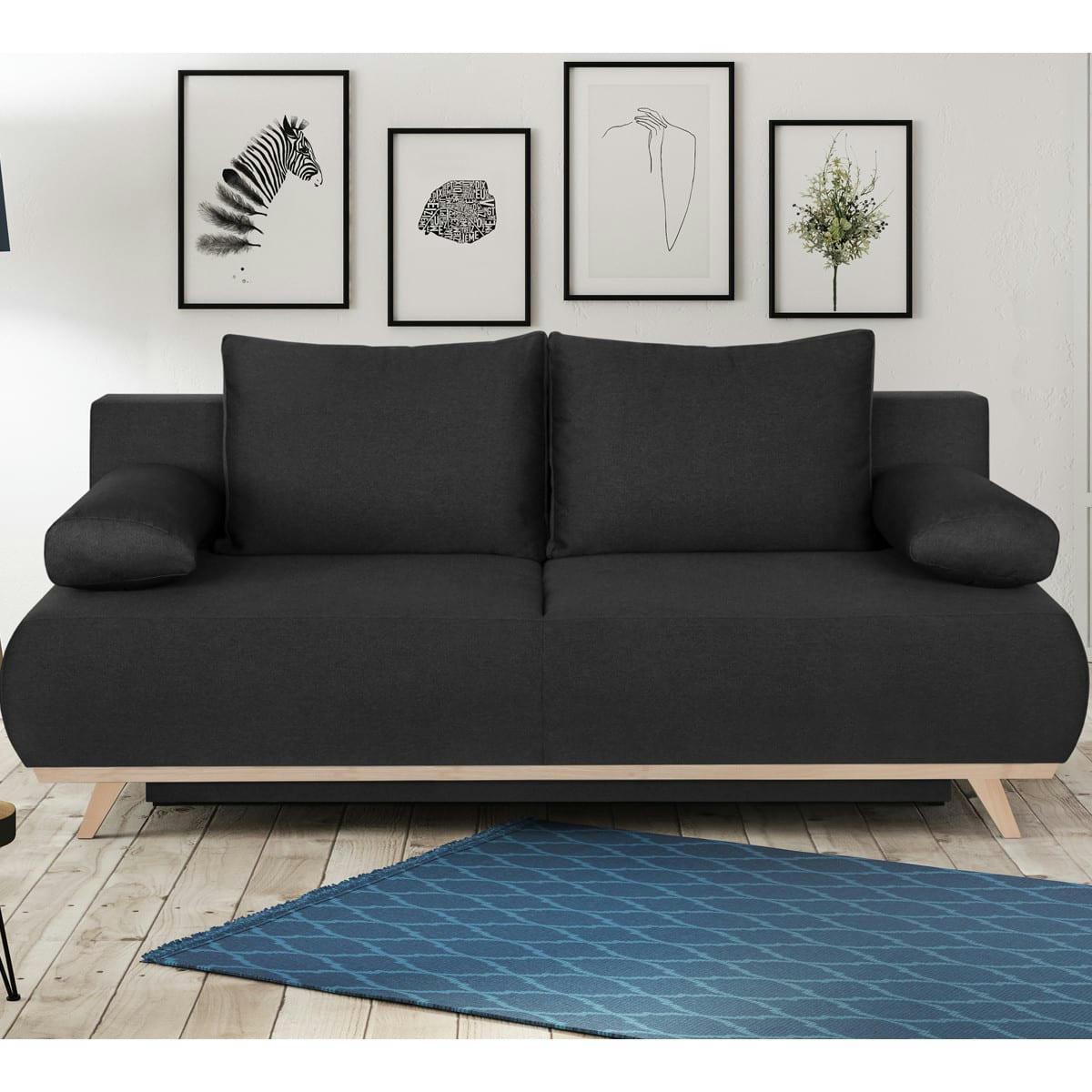 LARIA - Canapé convertible 3 places avec coffre de rangement tissu anthracite